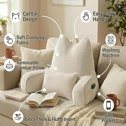 Ailuteie Corduroy Reading Pillow with Arms for Sitting Up, 2-in-1 Bed Rest Pillow with Detachable Lumbar Support, Backrest Support Cushion for Couch with Side Pockets & Handle, Beige Gray thumbnail 6