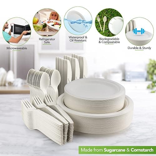 250 Piece Biodegradable Paper Plates Set (EXTRA LONG UTENSILS), Disposable Dinnerware Set, Eco Friendly Compostable Plates & Utensil include Plates, Forks, Knives and Spoons for Party thumbnail 4
