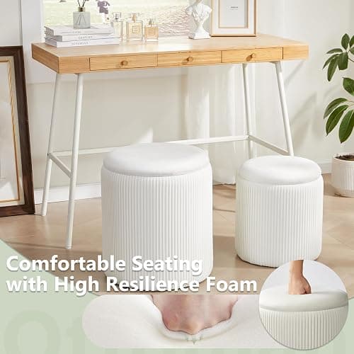 Royal Windsor Round Ottoman with Storage Set of 2,Vanity Stool with Storage for Bedroom, Ottoman Coffee Table,Small Velvet Foot Stool for Living Room, White thumbnail 5