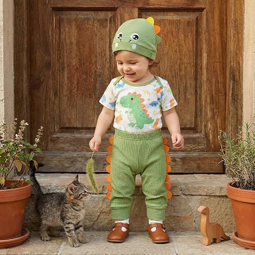 Lamuusaa Newborn Baby Boy Clothes 0 3 6 12 18 Months Short Sleeve Dinosaur Romper Long Pants Hat 3Pcs Summer Outfit thumbnail 3