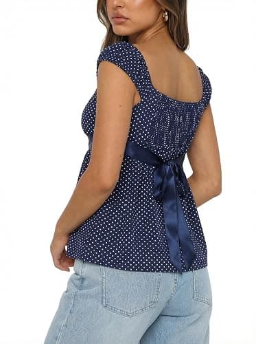 Women's Babydoll Tops Y2k Fairy Baby Doll Tops, Cap Sleeve Polka Dot Top with Adjustable Waist Tie, Flowy Going Out Tops thumbnail 5