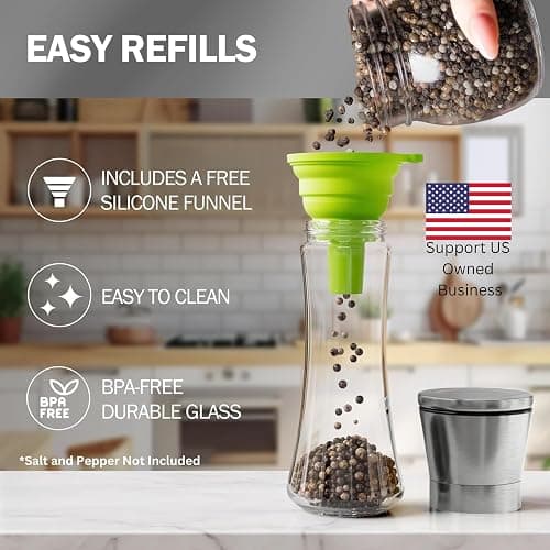Home EC Premium Stainless Steel Sea Salt and Pepper Grinder Set of 2 - Adjustable Ceramic - Tall Glass Salt and Pepper Shakers - Kitchen Spice Mill W/Funnel & EBook thumbnail 3