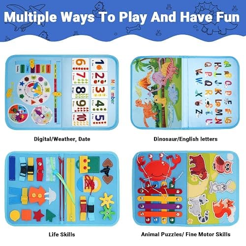 MEGRANATE Montessori Busy Board, Baby Busy Book Educational Learning Toys for Toddlers Quiet Book Activity Books Buckle Toy Fine Motor Skills Toys for 3+ Year Old Kids (Blue) thumbnail 4