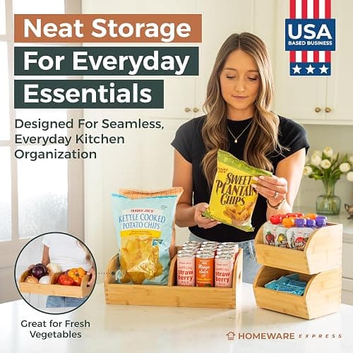 Potato and Onion Storage Bin for Pantry and Kitchen Counter - Ventilated Stackable Bamboo Organizer Baskets with Handles - Multipurpose Organization Containers for Fruit, Vegetable, Pantry - 3 Pack thumbnail 4