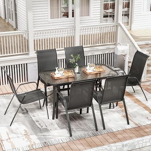 TLSUNNY 7 Pieces Patio Dining Set, Outdoor Table and Chairs W/1.69″ Umbrella Hole, 30"X 55" Table and Stackable Textilene Chair, All Weather Patio Furniture Set (Umbrella not Included) (Black) - Black thumbnail 7