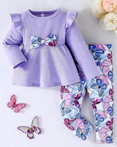 Jecson Toddler Baby Girl Clothes: Cotton Soft Outfits Set A-Line Top & Butterfly-Print Pants Cute Fall Home Outdoor 6M-4Y thumbnail 2
