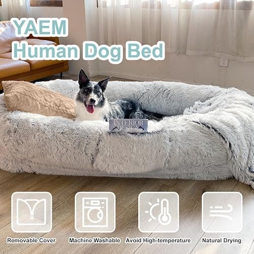 YAEM Human Dog Bed Fits You and Pets for People Doze Off, Washable Faux Fur Napping Orthopedic Dog Bed, Present Plump Pillow, Blanket, Strap-Grey, 71"x45"x12" thumbnail 5