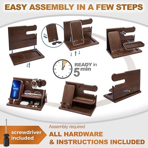 TESLYAR Wood Phone Docking Station for Men - Desk or Nightstand Organizer - Birthday Gifts for Husband, Dad - Anniversary Idea from Wife - Key Holder, Stand Wallet, Watch & Essentials (Bourbon Brown) thumbnail 7