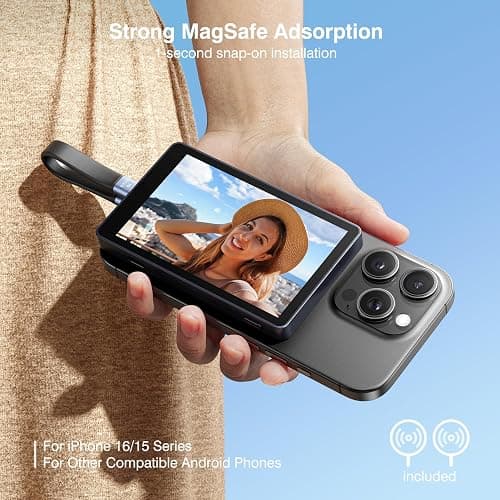 Vlog Selfie Monitor Screen, Magnetic Phone Vlog Selfie Monitor Screen 4K 60fps Bluetooth Remote, Back Camera Monitor for Vlog Live Stream TikTok, Compatible with iPhone & Android thumbnail 3