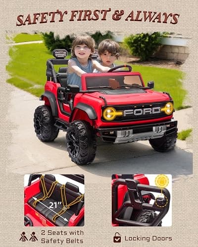 First Ride On Ford Bronco 24V Ride on Toys for Boys & Girls, 2 Seater Kids Electric Car with Remote Control, Kids Ride on Truck with 4 Wheels Suspension, Led Lights, Safety Belt (24V, Red) thumbnail 7
