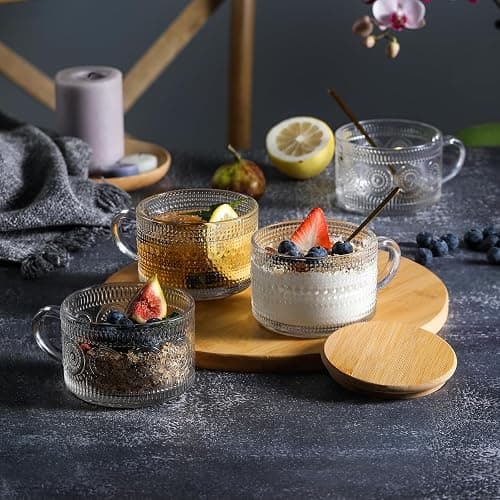 4pcs Set Vintage Coffee Mugs gifts for women, Overnight Oats Containers with Bamboo Lids and Spoons - 14oz Clear Embossed Glass Cups, Cute Coffee Bar Accessories, Iced Coffee Glasses thumbnail 5