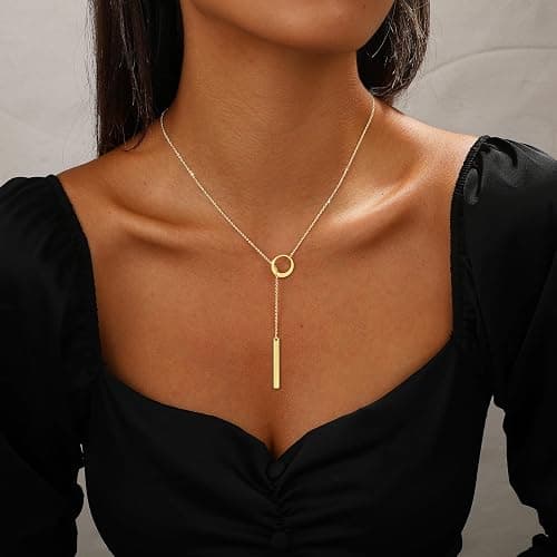 Hergory Long Gold Necklace for Women Trendy, Dainty Layered Lariat Necklace 14k Gold Plated Silver Y Shaped Beaded Chain Non Tarnish Drop Necklaces Simple Adjustable Jewelry Gift thumbnail 2