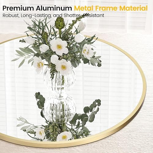 Garvee 24 in Round Mirror for Wall, Gold Metal Frame Circle Mirror, Round Bathroom Mirror for Wall Decor, Rounds Mirror for Entryway, Vanity, Bedroom, Easy to Install thumbnail 6