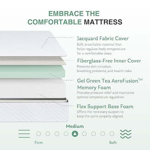 MLILY Queen Mattress in a Box, 10 inch Mattresses for Platform Bed Double Size Daybed, Green Tea Memory Foam Medium Firm thumbnail 4