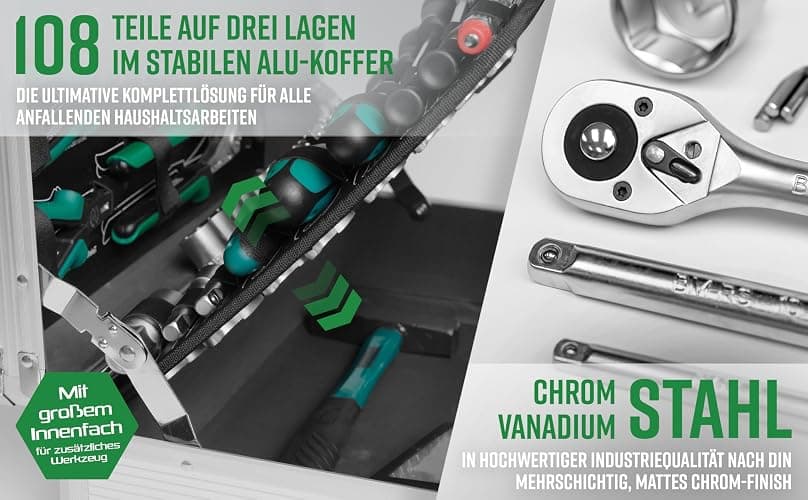 Brüder Mannesmann Werkzeugkoffer, 108-teilig, aus Aluminium - Werkzeugsatz mit Schraubendrehern, Zangen, Bitsatz, Steckschlüsselsatz, Hammer und mehr - Werkzeug aus Chrom-Vanadium-Stahl | M29075 thumbnail 4