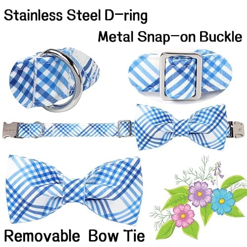 Unique style paws Cotton Dog Collar with Bow Spring Summer Collar with Blue White Grid for Small Medium Large Boys Girls Dogs thumbnail 3