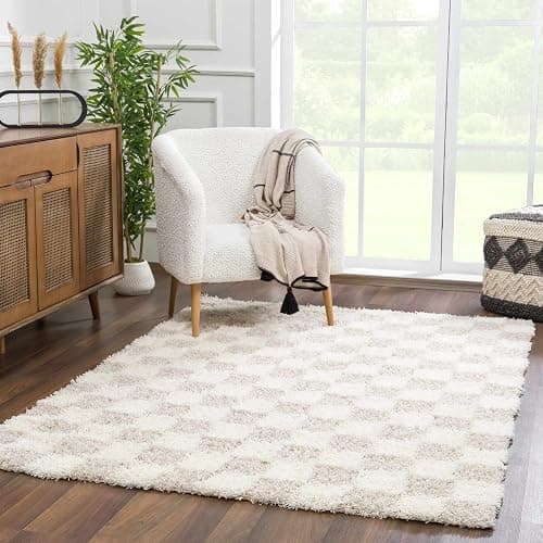 Hauteloom Marshmallow Modern Checkered Shag Area Rug - High Pile Fluffy Shaggy Carpet for Kids Room, Nursery, Living Room, Bedroom - Beige, Cream, White - 6'7" X 9'6" (6x9) thumbnail 6