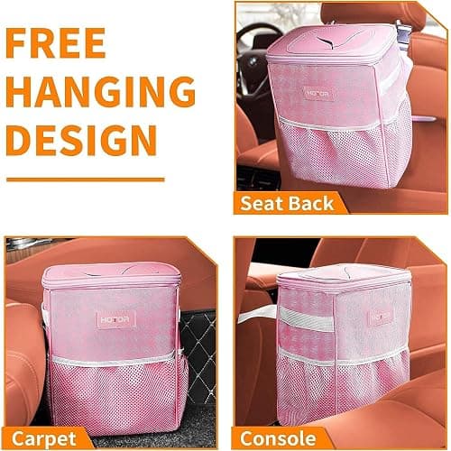 HOTOR Car Trash Can with Lid and Storage Pockets - 100% Leak-Proof Organizer, Waterproof Garbage Can, Multipurpose Trash Bin for Car, 2 Gallons, Pink thumbnail 6