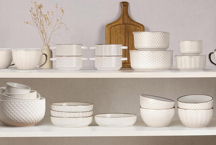 KooK Ceramic Nesting Bowls, with Lids, Serving, Set of 4, Embossed, Kitchen, Prep, Mix, Gift, Housewarming, Microwave and Dishwasher Safe, 10/16/29/47 oz, Narbonne Collection (Ivory) thumbnail 6