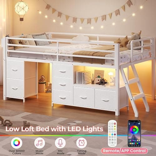 ADORNEVE Low Loft Bed Twin Size with 7 Storage Drawers, Bookcase and LED Lights, Metal Kids Loft Bed with 14" H Safety Guardrail,Inclined Ladder and Play Curtain, Under-Bed Play Space, White thumbnail 6