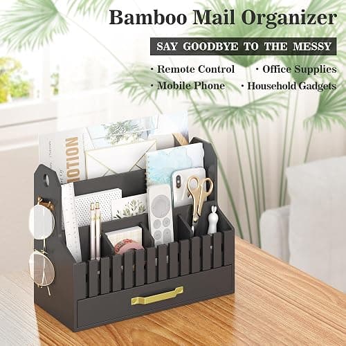 Bamboo Mail Organizer Countertop with Drawers, Wood Desk File Organizer Desktop Paper Organization Storage Bill & Letter Sorter Holder for School Home Office Supplies, No Assembly Required (Black) thumbnail 4