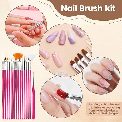 Nail Art Tools Set, 15 Nail Art Brushes 6 Nail Dotting Tool 3 Nail Stickers 2nail buffer 2 toe separator with Nail Stand Holder for Nail Tech & Beginners Nail Art Supplies Kit (Pink) thumbnail 3