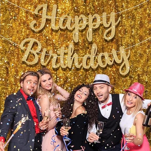 JHZMCRX Glitter Happy Birthday Banner Sign Birthday Garland Wall Door Banners Flag for Women Men Boys Girls Party Backdrop Decorations Gold thumbnail 4