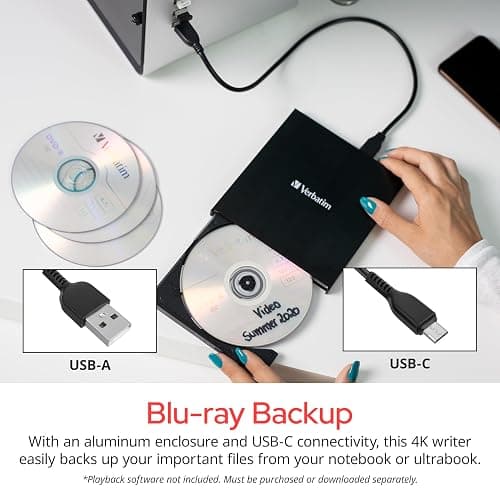 Verbatim Ultra HD 4K CD DVD Blu-ray Writer USB 3.2 GEN 1 USB-C Connectivity Slim Brushed Metal Enclosure Compatible with Mac and PC with Free 25GB Verbatim Blu-ray disc thumbnail 3