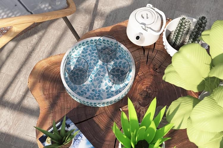PEMAR 12.6” Mother of Pearl Round Serving Tray with Handles, Decorative Nacred Wooden Ottoman Coffee Table Tray (Teal Floral Pattern) thumbnail 9