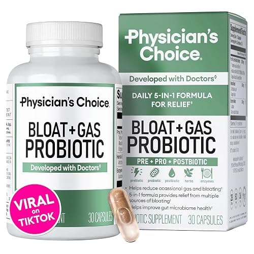 Physician's CHOICE Bloat & Gas Probiotic 5-in-1 Proactive Support + Daily Relief - Digestion & Gut Health- Herbals, Digestive Enzymes, Post & Prebiotics - Gas Relief for Adults - Women & Men - 30ct - Image 1