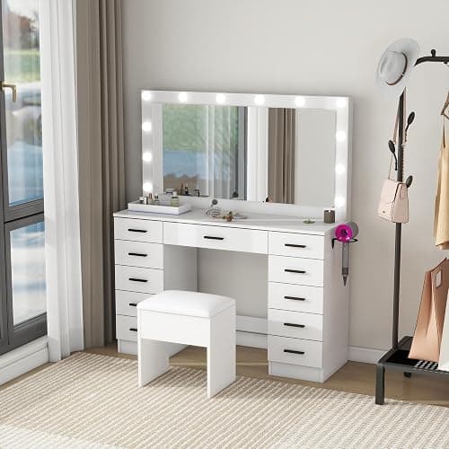 Panana Makeup Table Set with 11 Drawers, Vanity Desk with Large Mirror and Lights, Dressing Table with Storage Cushioned Stool, Power Outlet, 3 Lighting Modes for Bedroom Dressing Room (White) thumbnail 4