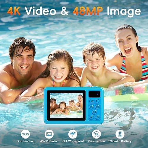 Maxmango D70 4K Underwater Digital Camera - 48MP 10FT Waterproof Camera for Snorkeling - Dual Screen Selfie Compact Floatable Camera with 32GB Card - Point and Shoot Digital Cam 1200mAh Battery -Blue thumbnail 2