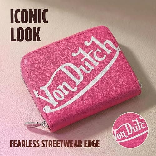 Von Dutch Zip-Up Wallet with ID Window, Vegan Leather, Slim Unisex Design for Men & Women (Classic Signature, Hot Pink) thumbnail 2