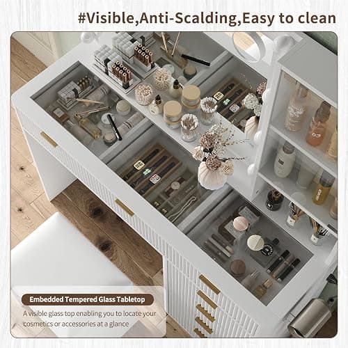 Yanosaku 47" Fluted Vanity Desk with Mirror & LED Lights, 7-Drawer Makeup Vanity with Glass Top & Cabinet, Vanity with Chair & Charging Station, 3 Lighting Modes, for Bedroom, White thumbnail 8
