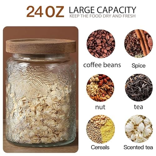 24 OZ Airtight Glass Storage Jar with Bamboo Lid - Vintage Glass Jar Vintage Food Containers Canisters Set for Kitchen Counter & Pantry - Ideal for Sugar, Flour, Coffee, Tea, Candy, Oats -2 Pack thumbnail 4