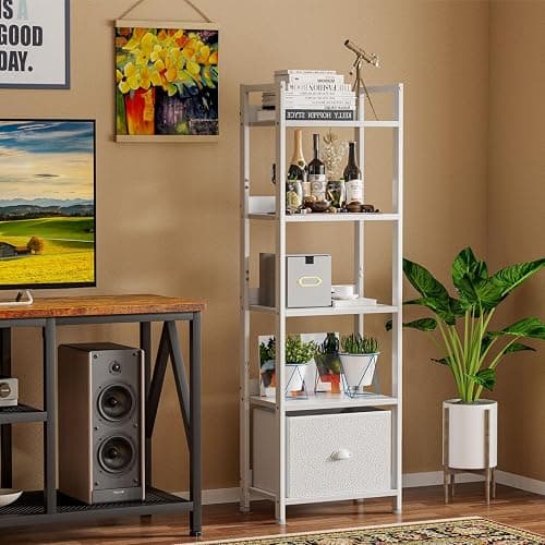 Furologee 5 Tier Bookshelf with Drawer, Tall Narrow Bookcase with Shelves, Wood and Metal Book Shelf Storage Organizer, Modern Display Standing Shelf Unit for Bedroom, Living Room, Office, White thumbnail 6