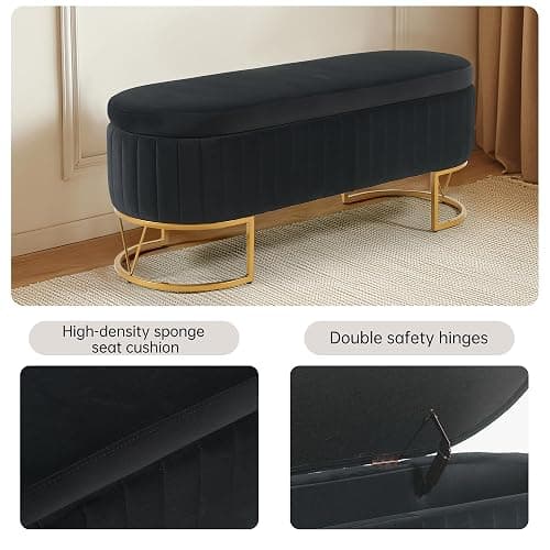 DRKAT Storage Bench Bedroom Bench, Velvet Oval Upholstered End of Bed Bench with Golden Metal Legs, 46” Modern Storage Ottoman Bench for Bedroom, Living Room, Entryway, Window, Black - Black - No button tufted thumbnail 3