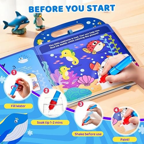 JoyCat Ocean Water Coloring Book for Toddler Kids, 13 Pages, No-Mess | Reusable color-reveal scenes for repeat play, Water pen with holder, Carry handle and closure band for travel, Gift for kids thumbnail 3