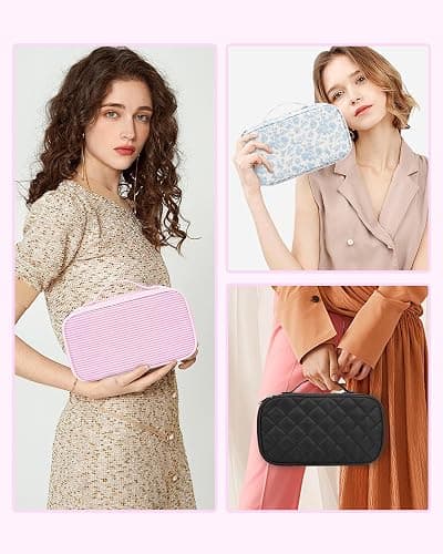 Relavel Cute Makeup Bag for Girls, Portable Pink Cosmetic Bag, Dual-layer Makeup Pouch with Brush Holder, Multi-Functional Preppy Toiletry Organizer for Travel, Daily Use - Pink Strip thumbnail 7