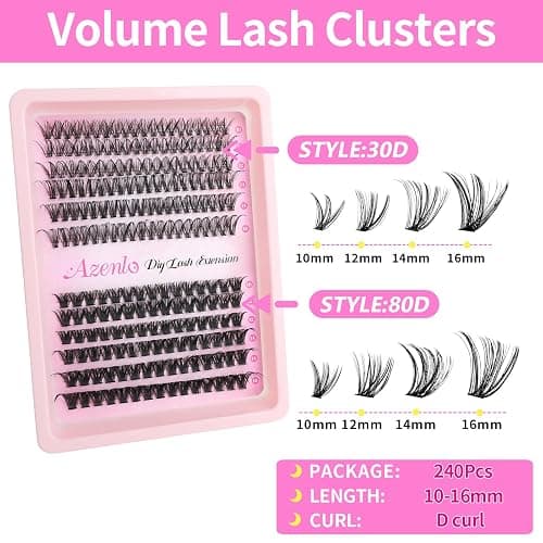 Azenlo Lash Extensions Cluster DIY Lashes 240pcs 30D 80D 10-16mm Eyelash Clusters Individual Lashes Lash Kit Think Band Lash Kit(30D+80D KIT) thumbnail 4