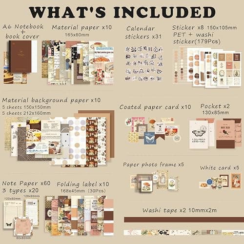 Draupnir Vintage Scrapbook Kit(346pcs), Bullet Junk Journal Kit with Journaling/Scrapbooking Supplies, Stationery, A6 Grid Notebook with Graph Ruled Pages, DIY Gift for Teen Girl Kid Women - Vintage thumbnail 3