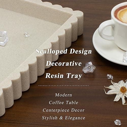YMXYJM-Scalloped Coffee Table Tray，Ottoman Tray for Modern Home Decor. 14" Decorative Tray for Entryway Table Decor, Living Room Table Decor, Coffee Table Centerpiece - Beige Resin thumbnail 4