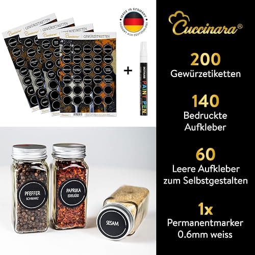 Cuccinara® 24 Gewürzgläser Eckig 120ml mit 210 Etiketten, Aluminiumdeckel & Streueinsätzen (grob & fein) - Luftdichte Gewürzdosen inkl. Trichter, Permanentmarker & Bürste - Spülmaschinenfest thumbnail 5