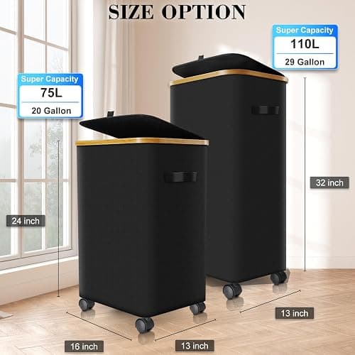 Laundry Hamper with Wheels,29 Gal (110L) Laundry Basket with lid Rolling Clothes Hamper Foldable Dirty Clothes Basket on wheels with Bamboo Frame and Bag for Bedroom, Dorm, Laundry Room-Black thumbnail 2