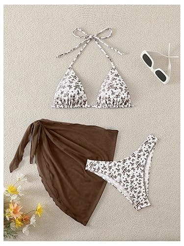 SHENHE Women's 3 Piece Floral Bikini Set with Wrap Coverup Halter Triangle Swimsuits - Medium - Dark Brown thumbnail 5