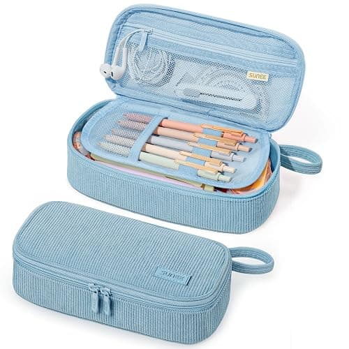 SUNEE Cute Pencil Case, Large Capacity Pencil Pouch Aesthetic Zipper Pencil Bag, Big Storage Pen Organizer for Stationery, Soft Corduroy Pencil Box Back to School Supplies for Teen Girls Boys, Blue - Image 1
