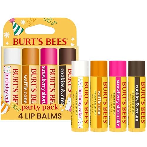 Burt's Bees Lip Balm Party Pack, Birthday Cake, Waffle Cone, Strawberry Shortcake, and Cookies & Cream, All Day Moisturizer, Tint-Free, Natural Origin Conditioning Lip Treatment, 0.15 oz., Four Tubes - Image 1