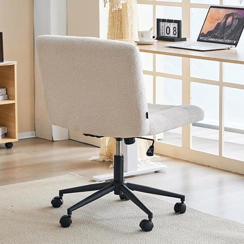 Furnimart Swivel Criss Cross Legged Chair with Wheels for Home Office, Wide Armless Desk Chair Height Adjustable Comfy Seat for Desk,Vanity, Bedroom, Faux Fur White thumbnail 7