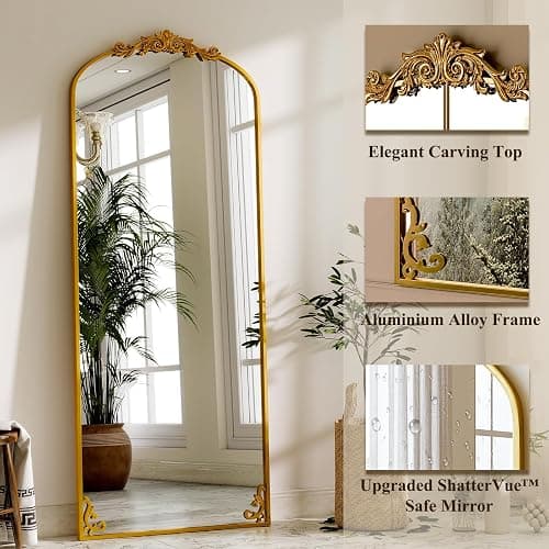 GLSLAND 56"x21" Vintage Full Length Mirror - Carved Arched Floor Standing Mirror, Baroque Full Body Mirrors for Bedroom Living Room Entryway, Gold Frame thumbnail 4
