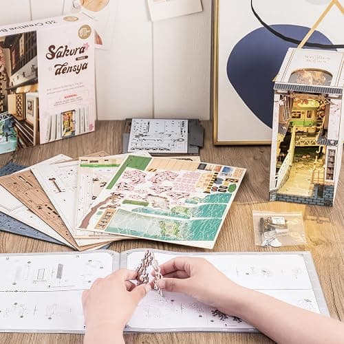 ROBOTIME DIY Book Nook Kit DIY Miniature Dollhouse Booknook Kit 3D Wooden Puzzle with LED Light,Decorative Bookend Bookshelf Insert Decor for Teens and Adults (Sakura Tram) thumbnail 7